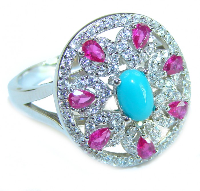 Serenity- 3.5 carat genuine Blue Turquoise 2.5 carat Ruby .925 Sterling Silver handmade Statement ring s. 7 3/4 - Close-up of Serenity ring with turquoise and ruby stones, top view.