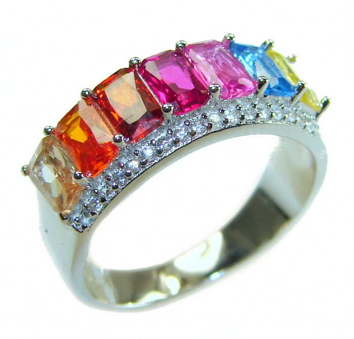 Precious Rainbow- authentic 8.2 carat multigem .925 Sterling Silver Eternity Ring size 6 - Side view of a multigem sterling silver ring with vibrant gemstones