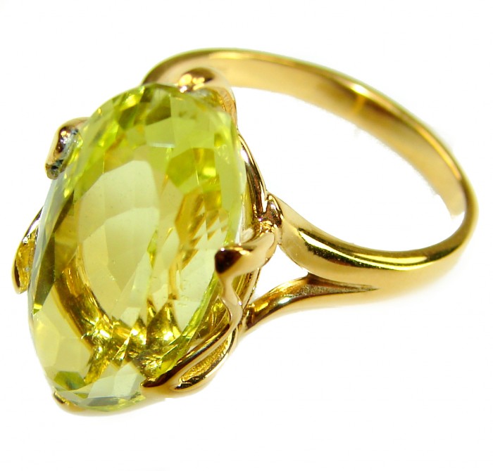 Solid 14.8 carat Genuine Lemon Quartz 18K Gold over .925 Sterling Silver handcrafted ring size 9 - Side view of 14.8 carat lemon quartz ring with 18K gold setting.