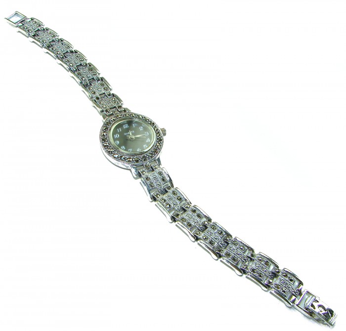 Precious 59.8 carat MARCASITE .925 Sterling Silver handmade Bracelet - Watch - Elegant marcasite watch, angled top view with detailed bracelet design.