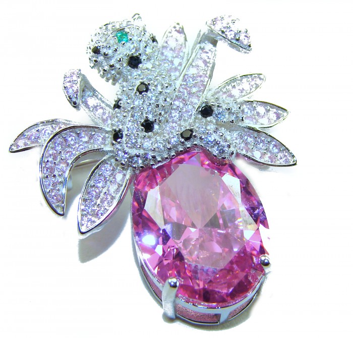 Pink Cheetah authentic 12.5 carat Swiss Blue Topaz .925 Sterling Silver Handcrafted pendant brooch - Pink Cheetah brooch with 12.5 carat topaz, front view.