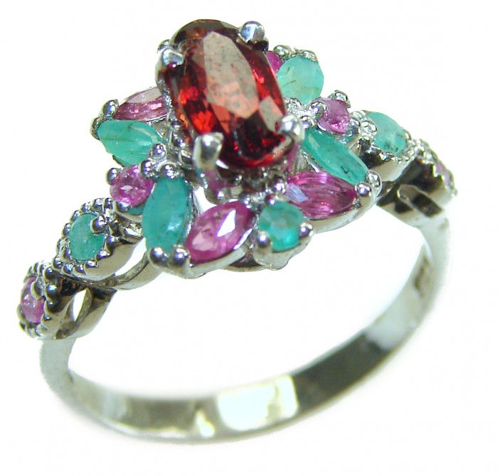 Rachel 4.5 carat oval cut Red Garnet .925 Sterling Silver handcrafted ring; s. 7 1/4 - Side view of Rachel 4.5 carat red garnet ring with gem accents.