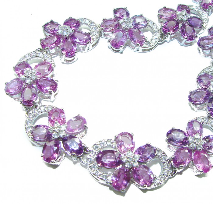 Precious Spring Flowers genuine 179.5 carat Amethyst rhodium over .925 Sterling Silver handcrafted Necklace - Close-up of Precious Spring Flowers amethyst necklace on white background.