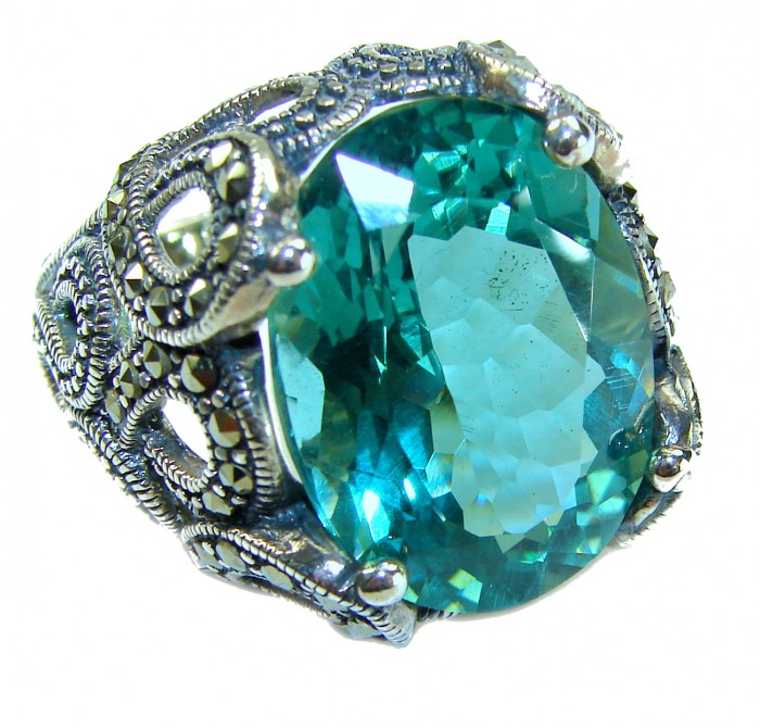 Massive Deep Blue 37.8 carat Aquamarine .925 Sterling Silver handcrafted Large ring size 7 - Close-up of massive 37.8 ct aquamarine ring in .925 sterling silver
