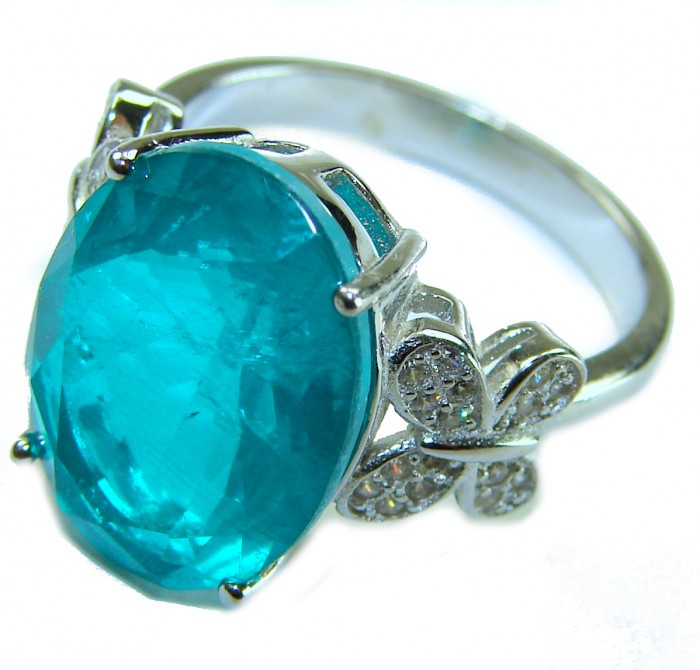 Eau Pure 10.5 carat Paraiba Tourmaline .925 Sterling Silver Handcrafted Ring size 8 - Close-up of Eau Pure Paraiba Tourmaline ring in sterling silver.