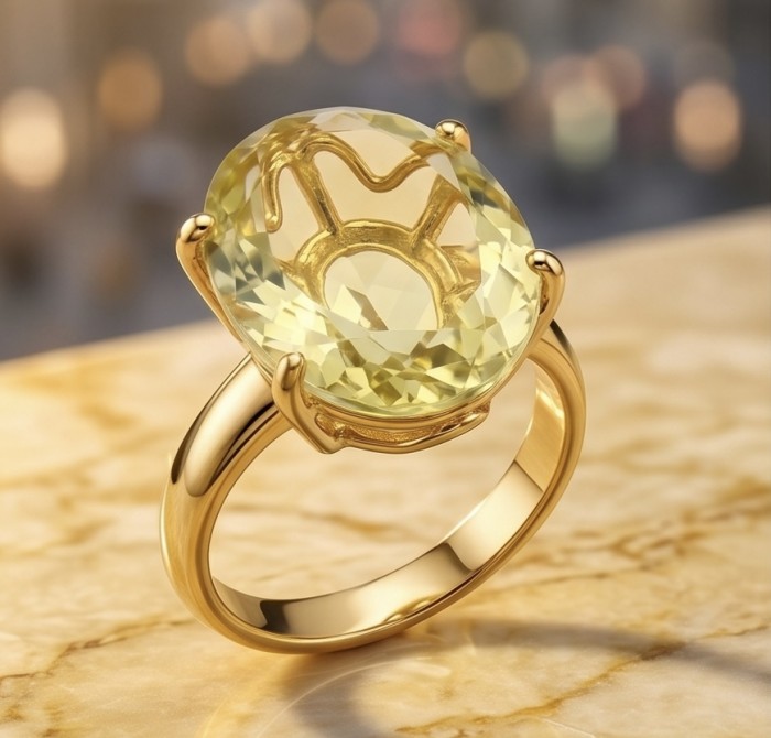 Solid 14.8 carat Genuine Lemon Quartz 18K Gold over .925 Sterling Silver handcrafted ring size 7 - Side view of 14.8 carat lemon quartz gold ring on marble surface.