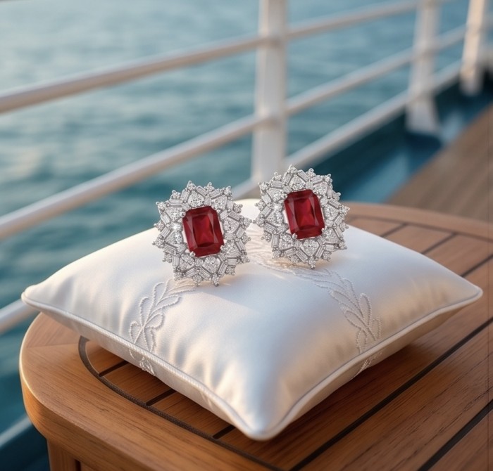 Antonia 4.5 carat Ruby dippedin rhodium .925 Sterling Silver brilliantly handcrafted earrings - Ruby earrings on cushion, close-up, showing rhodium and silver details