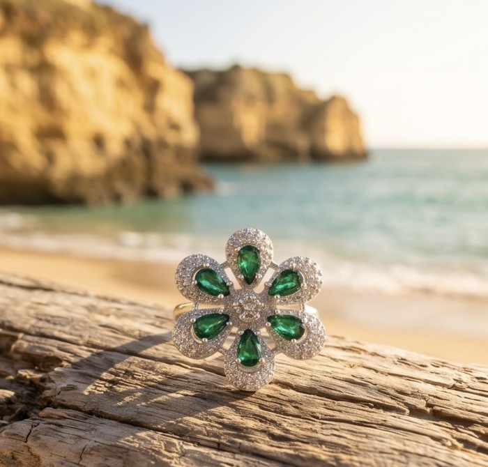 Giovanna - Authentic 10.9 carat Colombian Emerlad .925 Sterling Silver Silver dipped in Rhodium handcrafted Ring size 8 - Close-up of floral emerald ring on driftwood by the beach