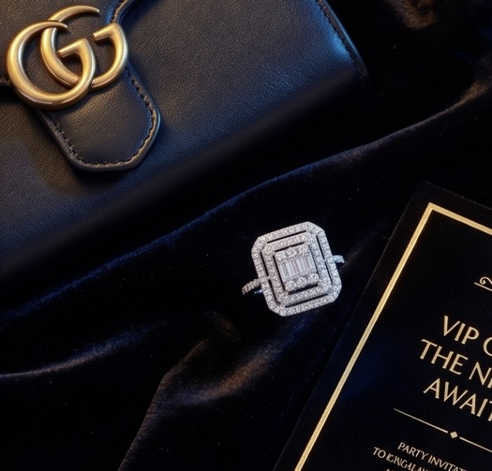 Esmeralda - Precious 10.5 carta White Topaz rhodium over .925 Sterling Silver Statement ring size 6 1/2 - Topaz ring on velvet with bag and VIP card, top-down view.
