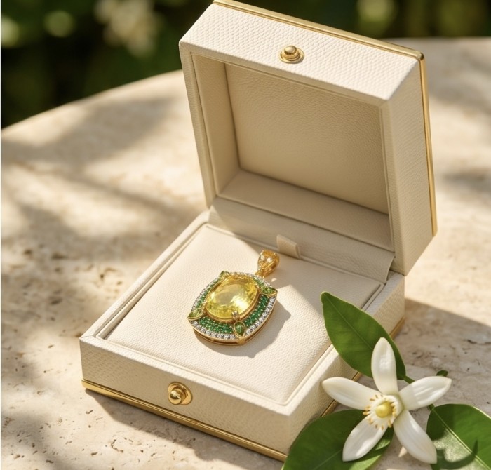 Tiffany - amazing quality 26.7 CARAT genuine Brazilian Citrine 18 K Gold over .925 Sterling Silver handmade pendant - Jewelry box with yellow stone pendant, side view, flower accent.