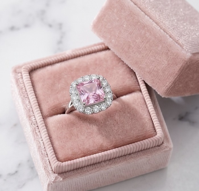 Tiffany - authentic princes cut 14.5 carat Pink Sapphire .925 Sterling Silver Handcrafted Statement Ring size 9 - Pink sapphire ring in pink box, top view showing the detailed setting.