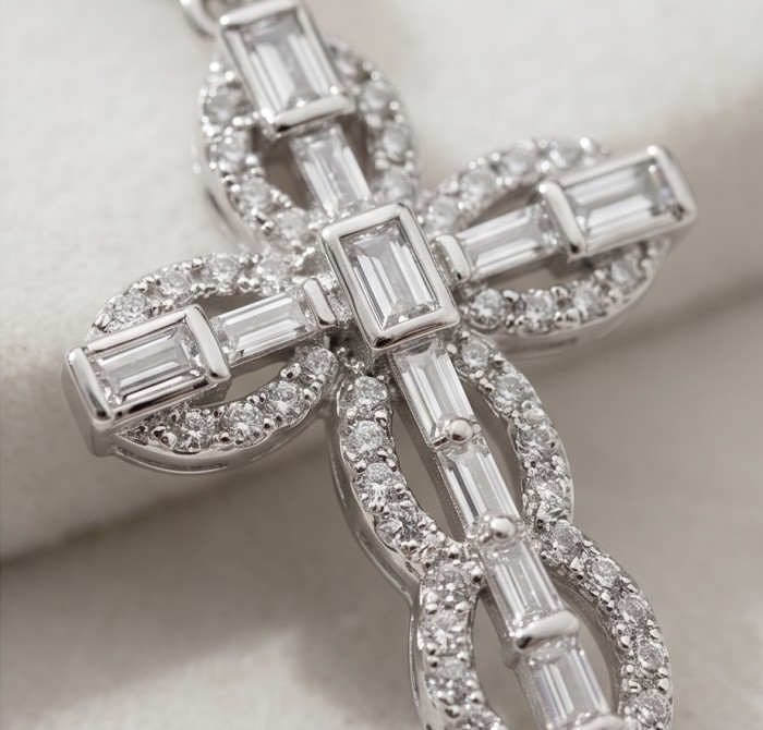 Precious Cross Genuine 14K White rhodium over .925 Sterling Silver handmade necklace - Close-up of a diamond-studded cross pendant in white rhodium.