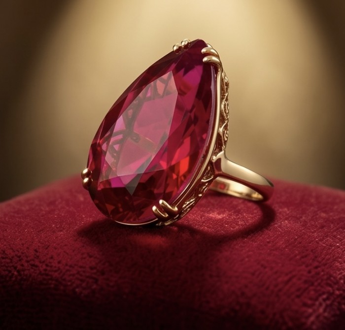 Carmen Natural 25.4 carat Ruby .925 Sterling Silver dipped in 22K Gold handmade Large Statement Ring size 8 3/4 - Close-up of Carmen 25.4 carat ruby ring in .925 sterling silver.