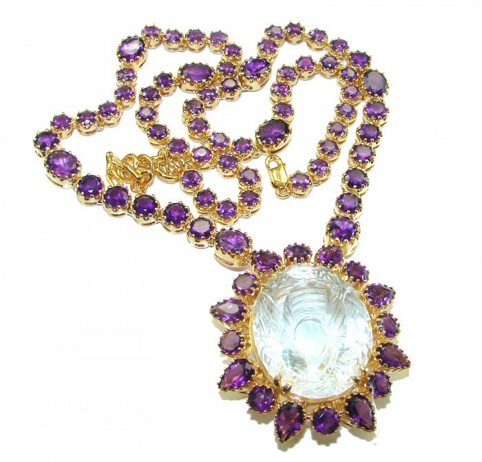 Outstanding carved 44.5 carat White Topaz 14K Gold over .925 Sterling Silver handcrafted Statement necklace - photo 4