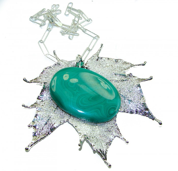 Real Leaf dipped in real SILVER 38.5 carat Malachite .925 Sterling Silver handcrafted Necklace - Close-up of leaf pendant with malachite and silver chain detail.