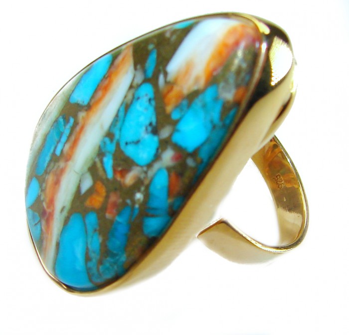 Huge Rare 39.5 carat Oyster Turquoise 18K Gold over .925 Sterling Silver handcrafted Large ring; s. 7 adjustable - Close-up of huge 39.5 carat Oyster Turquoise ring in gold setting.
