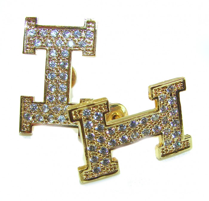LETTER I White Sapphire 18K Gold over .925 Sterling Silver handcrafted Earrings - Gold I-shaped earrings with white sapphires, front angle.