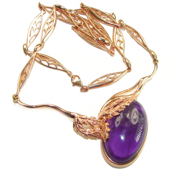 Purple Rose authentic 39.8 carat authentic Amethyst 14K ROSE Gold over .925 Sterling Silver handcrafted Station necklace - Amethyst necklace with gold leaf details, close-up view.