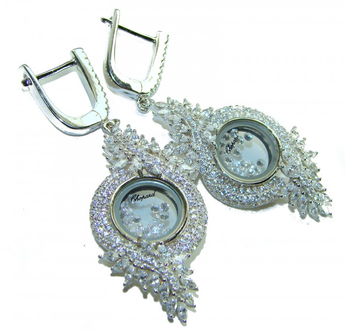 Floating Memories 11.5 carat White Topaz .925 Sterling Silver Handcrafted Statement earrings - Close-up of Floating Memories white topaz earrings with clasps visible.