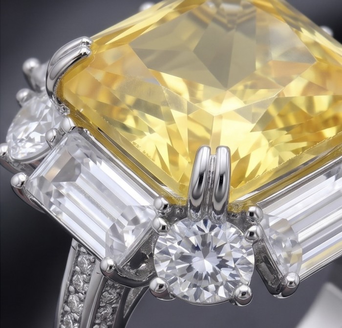 Art Deco - Luxurious asscher cut 15.7 carat Yellow Sapphire 18K Gold over .925 Sterling Silver handcrafted Ring s. 7 1/2 - Close-up of intricate ring with 15.7 carat yellow sapphire centerpiece.