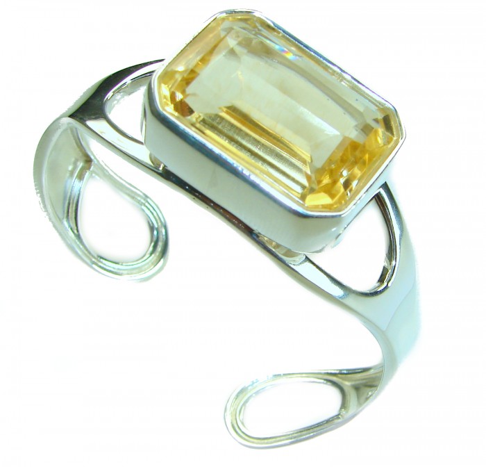 Luxurious Genuine 41.2.6 CARAT Lemon Quartz .925 Sterling Silver handcrafted Bracelet / Cuff - Close-up of lemon quartz and sterling silver bracelet.