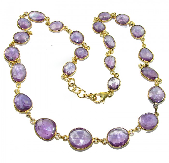 Purple Rose authentic 59.8 carat authentic Amethyst 14K Gold over .925 Sterling Silver handcrafted Station necklace - Amethyst necklace with gold, clasp detail shown.