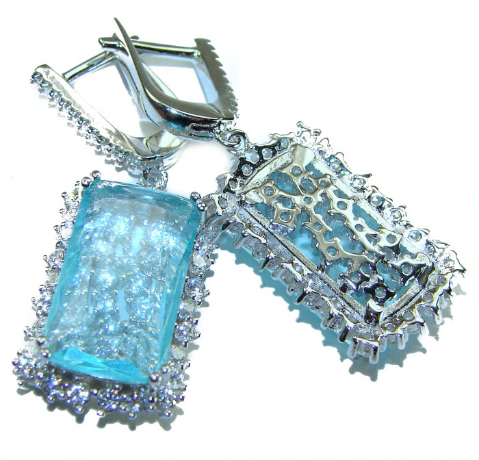 Aqua - Splendid 10.5 carat Swiss Blue Topaz .925 Sterling Silver Handcrafted Earrings - Close-up of Swiss Blue Topaz earrings with sterling silver details.