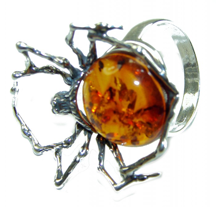 Golden Spider Authentic Baltic Amber .925 Sterling Silver handcrafted ring; s. 7 adjustable - Spider design ring with amber stone, front angle view