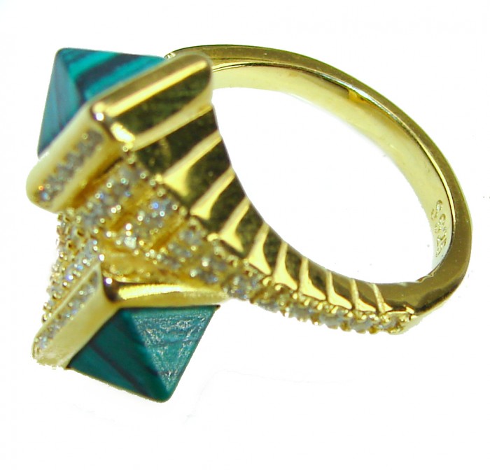 Outstanding authentic 5.9 carat Malachite 18K Gold over .925 Sterling Silver handcrafted ring size 6 - Side view of 5.9 carat Malachite ring in 18K gold over .925 silver.