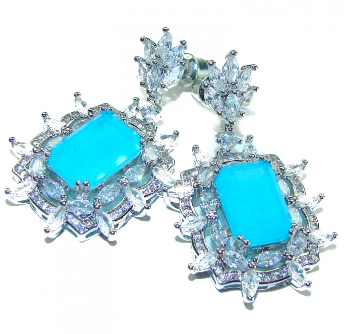 Royalty baquete cut 12.2 carat Paraiba Tourmaline .925 Sterling Silver entirely handmade earrings - Elegant blue Paraiba Tourmaline earrings with crystal accents close-up.