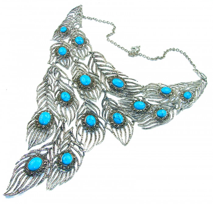HUGE 102.9 grams Peacock Feather design genuine Turquoise .925 Sterling Silver handcrafted Necklace - Top view of silver necklace with turquoise stones in peacock feather design