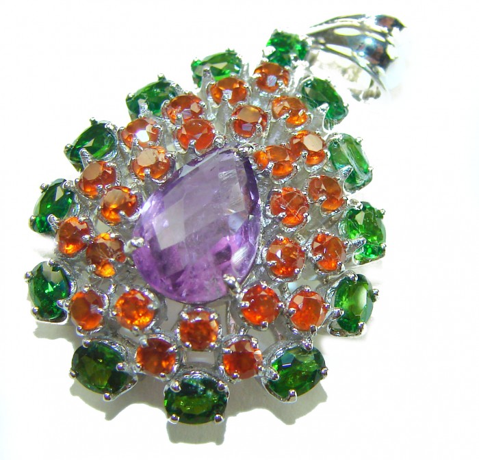 Purple Velvet - authentic 16.7 carat Amethyst .925 Sterling Silver handcrafted Pendant - Close-up of multicolored gemstone pendant, featuring amethyst center.