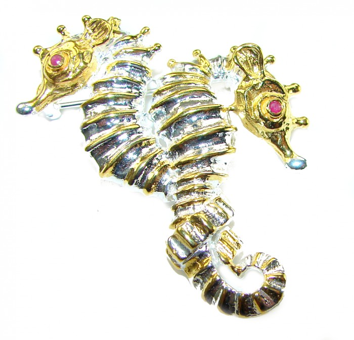 Two Seahorses Excellent 0.5 carat Ruby 14K Gold over .925 Sterling Silver handcrafted Pendant Brooch - Seahorse jewelry side view with rubies, gold, and silver detailing.