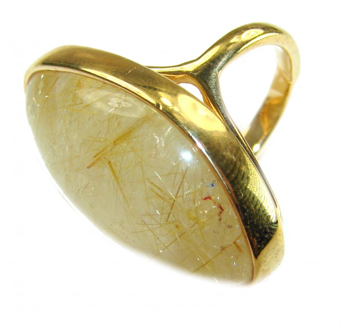 Incredible Design Golden Himalayan Rutilated Quartz 14K Gold over .925 Sterling Silver handcrafted ring size 5 3/4 - Side view of golden rutilated quartz ring in 14K gold setting.