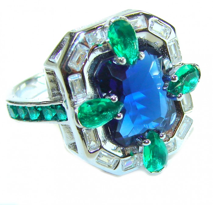 Art Deco 8.6 ctw Sapphire Emerald .925 Sterling Silver handcrafted Statement Ring size 8 - Close-up of Art Deco sapphire and emerald sterling silver ring.