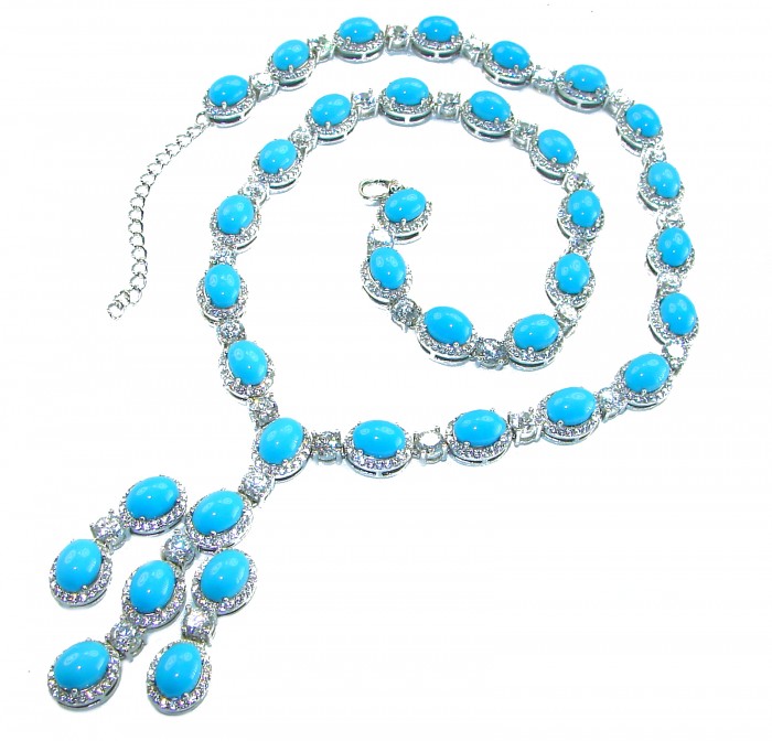 Great quality authentic Sleeping Beauty Turquoise 18K White Gold over .925 Sterling Silver handmade handcrafted Necklace - Turquoise necklace with white stones, top view showing full design