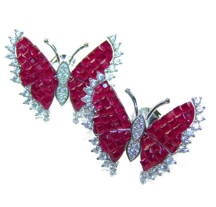 Real Beauty natural 11.9 carat Ruby Butterflies .925 Sterling Silver handcrafted earrings - Butterfly earrings with rubies and crystals, front view.