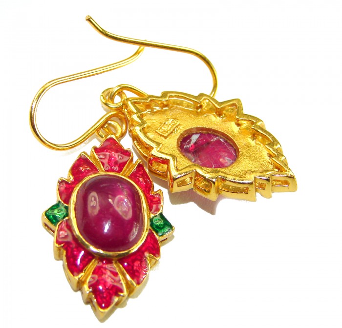 Countless Blessings Genuine 7.5 carat Authentic Ruby enamel 18K Gold over .925 Sterling Silver handcrafted earrings - Close-up of Countless Blessings earrings with 7.5 carat ruby and enamel.