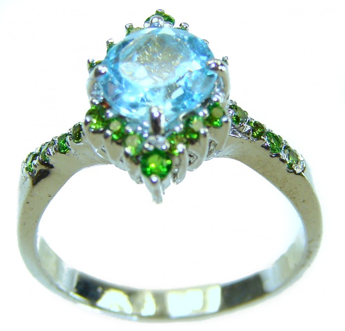 Emily 6.8 carat Swiss Aquamarine Emerald .925 Sterling Silver handmade Statement Ring size 8 - Side view of aquamarine and emerald ring in sterling silver.