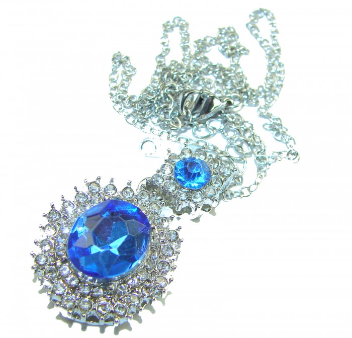 Pacifica 15.5 carat Swiss Blue Topaz .925 Sterling Silver Handcrafted necklace - Close-up of Pacifica blue topaz pendant on chain with intricate detailing