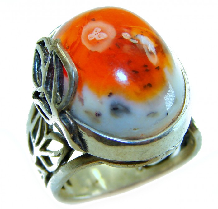 Queen of Fire best quality 17.4 carat Mexican Opal 18K Rose Gold over .925 Sterling Silver handmade ring 7 - Close-up of 17.4 carat Mexican Opal ring in intricate silver setting.