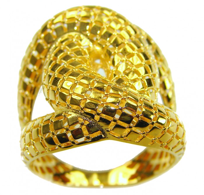Dubai Style .925 Sterling Silver dipped in 22K Gold handmade Large ring size 7 - Gold snake ring, top view, intricate scales detail