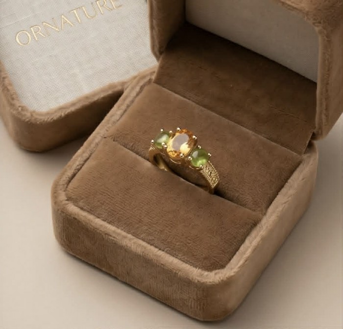 Vivien - Natural 4.7 carat Citrine .925 Sterling Silver dipped in 18K Gold handmade ring size 5 1/2 - Ring in box, top view; Vivien Citrine and Sterling Silver design.