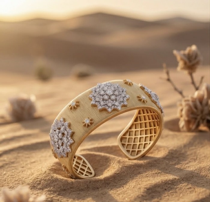 Spectacular authentic 10.8 carat White Topaz 14K Gold over .925 Sterling Silver handmade cuff Bracelet - Gold cuff with white topaz in desert setting, side view.