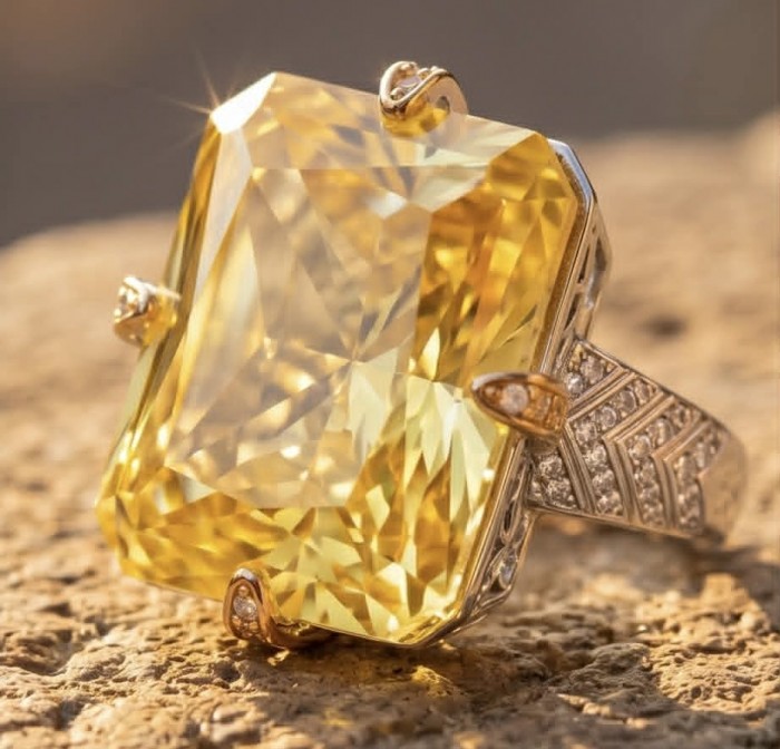 Solid 35.8 carat Genuine Yellow Sapphire 2 tones .925 Sterling Silver handcrafted ring size 7 adjustable - Close-up of 35.8 carat yellow sapphire ring with two-tone .925 silver setting