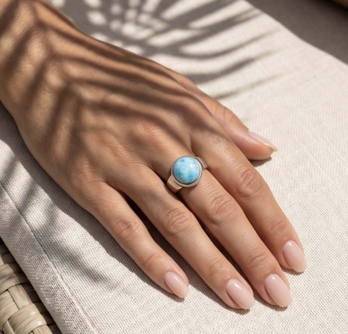 7.9 carat Blue Perfection natural Larimar .925 Sterling Silver handmade ring size 7 1/4 - Larimar ring worn on hand, natural light highlighting stone.