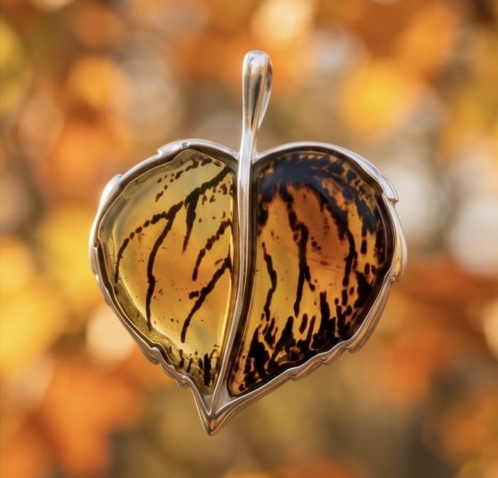 Golden Leaf Buttescotch Baltic Amber .925 Sterling Silver dipped in 18K Gold handmade pendant - Close-up of golden leaf butterscotch amber pendant in sterling silver