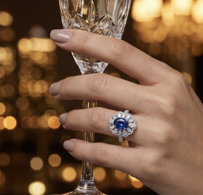 Authentic 4.5 carat Kyanite Moissanite .925 Sterling Silver handcrafted Ring size 9 - Ring with kyanite and moissanite worn on hand holding crystal glass
