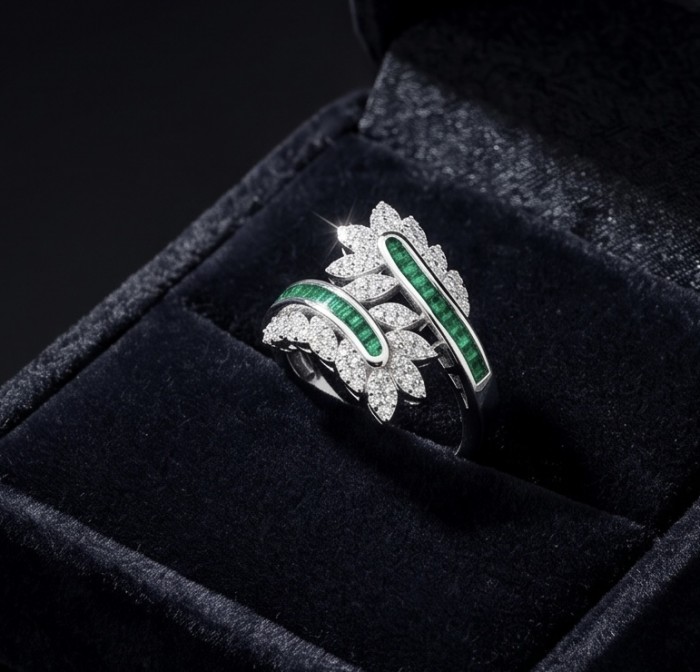 Art Deco 3.2 carat Colombian Emerald .925 Sterling Silver dipped in Rhodium handcrafted Ring size 7 1/2 - Art Deco emerald ring in box, side view showing details