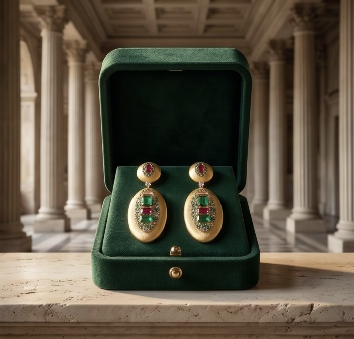 Byzantine design Authentic 8.2 carat Topaz 18K Gold over .925 Sterling Silver handcrafted Statement earrings - Byzantine earrings, front view in green box, 8.2ct Topaz, 18K gold